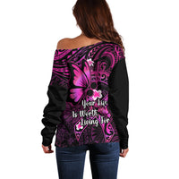 Polynesia Suicide Prevention Awareness Off Shoulder Sweater Your Life Is Worth Living For Polynesian Pink Pattern LT14 - Polynesian Pride