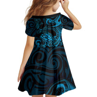 New Zealand Tuatara Family Matching Off Shoulder Short Dress and Hawaiian Shirt Aotearoa Maori Clematis Flowers - Blue
