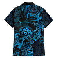 New Zealand Tuatara Family Matching Short Sleeve Bodycon Dress and Hawaiian Shirt Aotearoa Maori Clematis Flowers - Blue