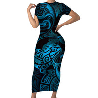 New Zealand Tuatara Family Matching Short Sleeve Bodycon Dress and Hawaiian Shirt Aotearoa Maori Clematis Flowers - Blue