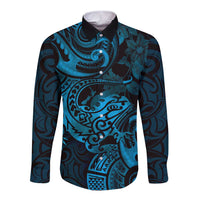 New Zealand Tuatara Long Sleeve Button Shirt Aotearoa Maori Clematis Flowers - Blue LT14 Unisex Blue - Polynesian Pride