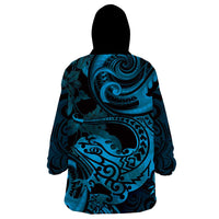 New Zealand Tuatara Wearable Blanket Hoodie Aotearoa Maori Clematis Flowers - Blue