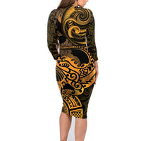 New Zealand Tuatara Family Matching Long Sleeve Bodycon Dress and Hawaiian Shirt Aotearoa Maori Clematis Flowers - Gold LT14 - Polynesian Pride
