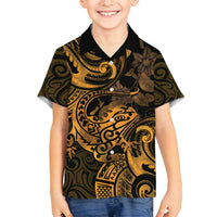 New Zealand Tuatara Family Matching Long Sleeve Bodycon Dress and Hawaiian Shirt Aotearoa Maori Clematis Flowers - Gold LT14 Son's Shirt Gold - Polynesian Pride