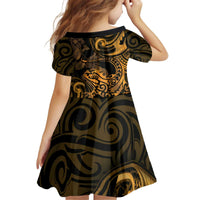 New Zealand Tuatara Family Matching Off Shoulder Short Dress and Hawaiian Shirt Aotearoa Maori Clematis Flowers - Gold LT14 - Polynesian Pride