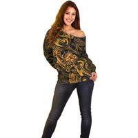 New Zealand Tuatara Off Shoulder Sweater Aotearoa Maori Clematis Flowers - Gold