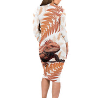 Red New Zealand Tuatara Long Sleeve Bodycon Dress Aotearoa Sphenodon Punctatus Silver Fern