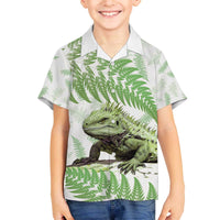 Green New Zealand Tuatara Family Matching Puletasi and Hawaiian Shirt Aotearoa Sphenodon Punctatus Silver Fern