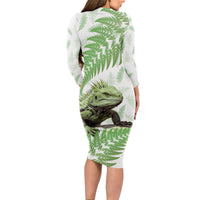 Green New Zealand Tuatara Long Sleeve Bodycon Dress Aotearoa Sphenodon Punctatus Silver Fern