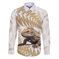 Gold New Zealand Tuatara Family Matching Long Sleeve Bodycon Dress and Hawaiian Shirt Aotearoa Sphenodon Punctatus Silver Fern