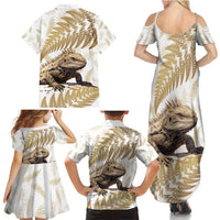 Gold New Zealand Tuatara Family Matching Summer Maxi Dress and Hawaiian Shirt Aotearoa Sphenodon Punctatus Silver Fern
