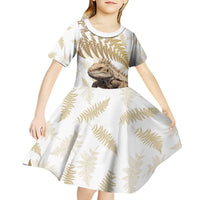 Gold New Zealand Tuatara Kid Short Sleeve Dress Aotearoa Sphenodon Punctatus Silver Fern