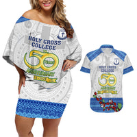 Fiji Holy Cross College Couples Matching Off Shoulder Short Dress and Hawaiian Shirt Happy 50th Anniversary Fijian Tagimoucia Tapa Pattern LT14 White - Polynesian Pride