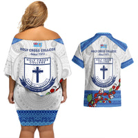 Fiji Holy Cross College Couples Matching Off Shoulder Short Dress and Hawaiian Shirt Happy 50th Anniversary Fijian Tagimoucia Tapa Pattern LT14 - Polynesian Pride