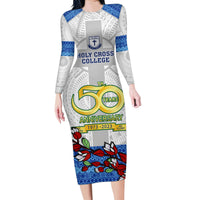 Fiji Holy Cross College Family Matching Long Sleeve Bodycon Dress and Hawaiian Shirt Happy 50th Anniversary Fijian Tagimoucia Tapa Pattern LT14 Mom's Dress White - Polynesian Pride