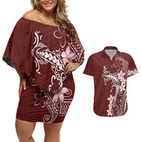 Oxblood Hawaii Couples Matching Off Shoulder Short Dress and Hawaiian Shirt Hammerhead Shark Tattoo Curve Polynesian - Polynesian Pride