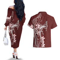 Oxblood Hawaii Couples Matching Off The Shoulder Long Sleeve Dress and Hawaiian Shirt Hammerhead Shark Tattoo Curve Polynesian - Polynesian Pride