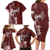Oxblood Hawaii Family Matching Long Sleeve Bodycon Dress and Hawaiian Shirt Hammerhead Shark Tattoo Curve Polynesian - Polynesian Pride