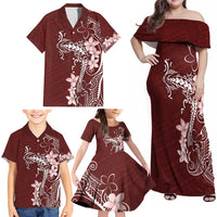 Oxblood Hawaii Family Matching Off Shoulder Maxi Dress and Hawaiian Shirt Hammerhead Shark Tattoo Curve Polynesian - Polynesian Pride