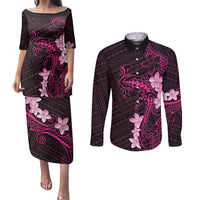 Pink Hawaii Couples Matching Puletasi and Long Sleeve Button Shirt Hammerhead Shark Tattoo Curve Polynesian - Polynesian Pride