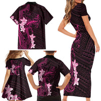 Pink Hawaii Family Matching Short Sleeve Bodycon Dress and Hawaiian Shirt Hammerhead Shark Tattoo Curve Polynesian - Polynesian Pride
