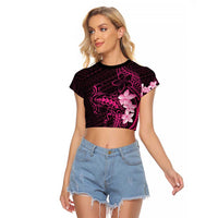 Pink Hawaii Raglan Cropped T Shirt Hammerhead Shark Tattoo Curve Polynesian - Polynesian Pride
