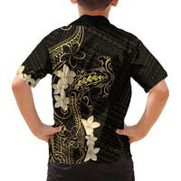 Black and Gold Hawaii Family Matching Off The Shoulder Long Sleeve Dress and Hawaiian Shirt Hammerhead Shark Tattoo Curve Polynesian - Polynesian Pride