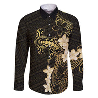 Black and Gold Hawaii Family Matching Off The Shoulder Long Sleeve Dress and Hawaiian Shirt Hammerhead Shark Tattoo Curve Polynesian - Polynesian Pride