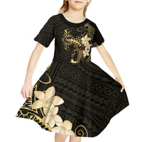 Black and Gold Hawaii Kid Short Sleeve Dress Hammerhead Shark Tattoo Curve Polynesian LT14 - Polynesian Pride
