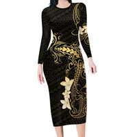 Black and Gold Hawaii Long Sleeve Bodycon Dress Hammerhead Shark Tattoo Curve Polynesian - Polynesian Pride