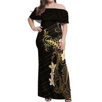 Black and Gold Hawaii Off Shoulder Maxi Dress Hammerhead Shark Tattoo Curve Polynesian - Polynesian Pride