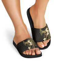 Black and Gold Hawaii Slide Sandals Hammerhead Shark Tattoo Curve Polynesian - Polynesian Pride