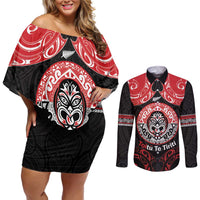 Aotearoa Toitu Te Tiriti Couples Matching Off Shoulder Short Dress and Long Sleeve Button Shirt Haka Tiki Honour The Treaty