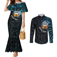 Personalized New Zealand Darts Beer Couples Matching Mermaid Dress and Long Sleeve Button Shirt Paua Shell Aotearoa Maori Tattoo - Polynesian Pride