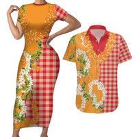 Prince Kuhio Aloha Hawaii Couples Matching Short Sleeve Bodycon Dress and Hawaiian Shirt Plumeria Ilima Lei Palaka Motifs