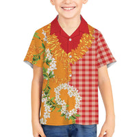 Prince Kuhio Aloha Hawaii Family Matching Off The Shoulder Long Sleeve Dress and Hawaiian Shirt Plumeria Ilima Lei Palaka Motifs LT14 Son's Shirt Red - Polynesian Pride