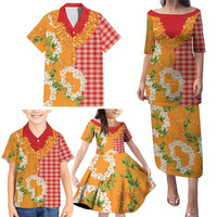 Prince Kuhio Aloha Hawaii Family Matching Puletasi and Hawaiian Shirt Plumeria Ilima Lei Palaka Motifs