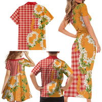 Prince Kuhio Aloha Hawaii Family Matching Short Sleeve Bodycon Dress and Hawaiian Shirt Plumeria Ilima Lei Palaka Motifs