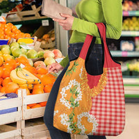 Prince Kuhio Aloha Hawaii Grocery Bag Plumeria Ilima Lei Palaka Motifs