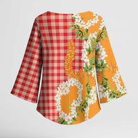 Prince Kuhio Aloha Hawaii Kimono Sleeve Blouse Plumeria Ilima Lei Palaka Motifs