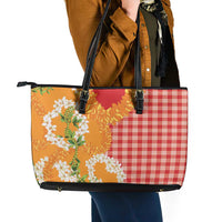 Prince Kuhio Aloha Hawaii Leather Tote Bag Plumeria Ilima Lei Palaka Motifs