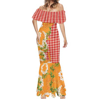 Prince Kuhio Aloha Hawaii Mermaid Dress Plumeria Ilima Lei Palaka Motifs