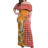 Prince Kuhio Aloha Hawaii Off Shoulder Maxi Dress Plumeria Ilima Lei Palaka Motifs
