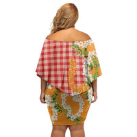 Prince Kuhio Aloha Hawaii Off Shoulder Short Dress Plumeria Ilima Lei Palaka Motifs