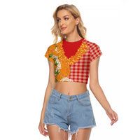 Prince Kuhio Aloha Hawaii Raglan Cropped T Shirt Plumeria Ilima Lei Palaka Motifs