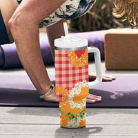 Prince Kuhio Aloha Hawaii Tumbler With Handle Plumeria Ilima Lei Palaka Motifs