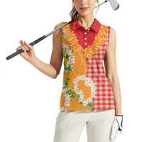 Prince Kuhio Aloha Hawaii Women Sleeveless Polo Shirt Plumeria Ilima Lei Palaka Motifs