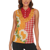Prince Kuhio Aloha Hawaii Women Sleeveless Polo Shirt Plumeria Ilima Lei Palaka Motifs