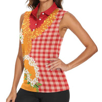 Prince Kuhio Aloha Hawaii Women Sleeveless Polo Shirt Plumeria Ilima Lei Palaka Motifs