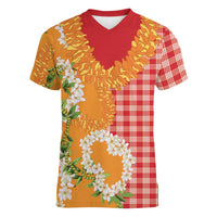 Prince Kuhio Aloha Hawaii Women V-Neck T-Shirt Plumeria Ilima Lei Palaka Motifs